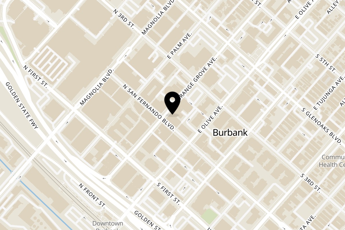 Map showing the location of Ameci Pizza Kitchen Burbank on 212 E Orange Grove Ave in Burbank